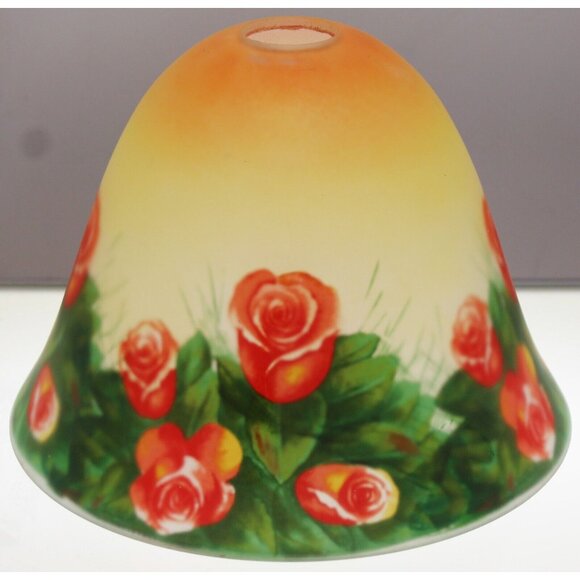 Vtg Reverse Painted Roses Glass Shade ONLY Fluted Bell Shape Victorian Garden - Picture 2 of 10